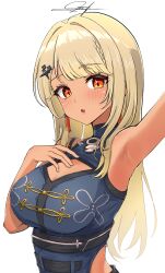 Rule 34 | 1girl, :o, arm up, armpits, belt, black belt, blue dress, blush, braid, breasts, china dress, chinese clothes, cleavage, cleavage cutout, clothing cutout, dress, earrings, fang, french braid, gyaru, hair ornament, highres, jewelry, kaminari qpi, kaminari qpi (4th costume), large breasts, lightning bolt, lightning bolt hair ornament, lightning bolt symbol, looking at viewer, prsdubstep, side cutout, signature, simple background, skin fang, solo, swept bangs, tassel, tassel earrings, turtleneck, turtleneck dress, virtual youtuber, vspo!, white background