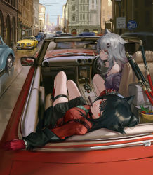 Rule 34 | 2girls, absurdres, animal ears, arknights, black hair, black skirt, box, breasts, building, car, cellphone, cigar, city, convertible, day, flip phone, gloves, grey hair, hair ornament, hairclip, highres, holding, holding phone, lappland (arknights), long hair, medium breasts, motor vehicle, mouth hold, multiple girls, outdoors, phone, red gloves, red shirt, road, sawkm, scar, scar across eye, seat, shirt, sign, skirt, smoke, steering wheel, texas (arknights), texas (willpower) (arknights), thigh strap, weapon, wolf ears, wolf girl