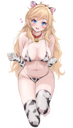 Rule 34 | 1girl, :d, absurdres, animal ears, animal print, bell, bikini, blonde hair, blue eyes, breasts, collar, cow ears, cow horns, cow print, cow print bikini, heart, highres, horns, idolmaster, idolmaster cinderella girls, large breasts, long hair, navel, neck bell, ohtsuki yui, open mouth, pizzasi, print bikini, simple background, smile, solo, spoken heart, stomach, swimsuit, teeth, thighhighs, upper teeth only, very long hair, white background