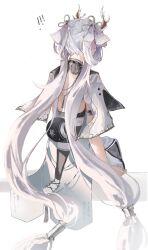 Rule 34 | !, !!, 1girl, absurdres, backless outfit, commentary, elyzerda, from behind, hair rings, highres, jinhsi (wuthering waves), long hair, low-tied long hair, simple background, sitting, solo, twintails, very long hair, white background, white hair, wuthering waves