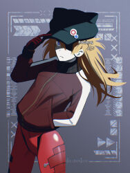 Rule 34 | 1girl, artist request, black hat, blue eyes, bodysuit, breasts, brown hair, evangelion: 3.0 you can (not) redo, eyepatch, hair between eyes, hand in pocket, hat, highres, jacket, long hair, looking at viewer, medium breasts, narrow waist, neon genesis evangelion, pilot suit, plugsuit, rebuild of evangelion, red bodysuit, shaded face, shiny clothes, simple background, solo, souryuu asuka langley, track jacket, twitter username, two side up, wide hips