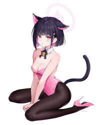 Rule 34 | 1girl, animal ears, bare shoulders, bell, black choker, black hair, blue archive, blush, breasts, cat ears, choker, colored inner hair, detached collar, extra ears, hair ornament, hairclip, halo, high heels, highres, jingle bell, kazusa (blue archive), leotard, looking at viewer, medium breasts, multicolored hair, pantyhose, pink footwear, pink hair, playboy bunny, red eyes, rity, short hair, sitting, solo, strapless, strapless leotard, tail, two-tone hair, wariza