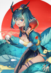 Rule 34 | 1girl, :d, black horns, blue eyes, blue hat, breasts, bridal gauntlets, chinese zodiac, cleavage, collarbone, commentary request, dragon girl, dragon horns, dragon tail, fangs, gloves, green hair, hat, highres, horns, long sleeves, looking at viewer, medium breasts, mini hat, mitake eil, new year, open mouth, original, partially fingerless gloves, pointy ears, puffy long sleeves, puffy sleeves, signature, sitting, slit pupils, smile, solo, tail, thighs, year of the dragon