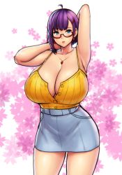 Rule 34 | 1girl, ahoge, arm up, armpits, bare arms, bare shoulders, blue eyes, blue skirt, breasts, cleavage, closed mouth, earrings, erkaz, floral background, glasses, highres, huge breasts, jewelry, miniskirt, necklace, original, purple hair, red-framed eyewear, short hair, single sidelock, skirt, solo, standing, tank top, thighs, yellow tank top