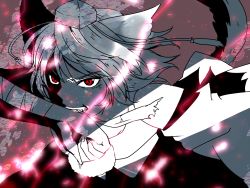 Rule 34 | 1girl, animal ears, bad id, bad pixiv id, bandages, bare shoulders, detached sleeves, fingernails, hat, highres, inubashiri momiji, looking at viewer, monochrome, red eyes, short hair, solo, sooru0720, tail, tokin hat, touhou, wolf ears, wolf tail