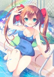 Rule 34 | 1girl, :d, amanagi seiji, barefoot, breasts, brown hair, chain-link fence, cleavage, competition school swimsuit, fence, green eyes, hair between eyes, long hair, looking at viewer, moe2017, old school swimsuit, one-piece swimsuit, open mouth, original, pool ladder, poolside, school swimsuit, sitting, smile, solo, swimsuit, twintails, water