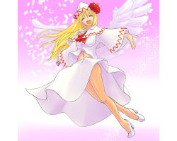 Rule 34 | 1girl, adder, aged up, blonde hair, breasts, capelet, closed eyes, clothes lift, fairy, female focus, gradient background, hat, high heels, legs, lily white, long hair, midriff, navel, ribbon, shoes, skirt, skirt lift, smile, solo, touhou, white background, wind, wind lift, wings