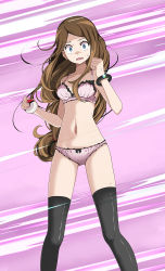 Rule 34 | 1girl, black thighhighs, blue eyes, bow, bow bra, bow panties, bra, bracelet, breasts, brown hair, collarbone, creatures (company), floating hair, game freak, highres, holding, holding poke ball, jewelry, long hair, looking at viewer, medium breasts, navel, nintendo, open mouth, panties, parted bangs, pink bra, pink panties, poke ball, pokemon, pokemon xy, purple background, scared, serena (pokemon), shiny clothes, shiny legwear, solo, standing, sweatdrop, thighhighs, tsukishiro saika, underwear, underwear only, very long hair