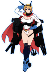 Rule 34 | 1girl, cape, chiba toshirou, cleavage cutout, clothing cutout, cosplay, dc comics, full body, kantai collection, kryptonian, leotard, mutsu (kancolle), mutsu (kancolle) (cosplay), parody, power girl, red cape, simple background, solo, white background