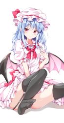 Rule 34 | 1girl, alternate hair length, alternate hairstyle, arm up, back bow, bat wings, between legs, black thighhighs, blush, bow, buttons, closed mouth, commentary request, dress, dress bow, eyelashes, frilled dress, frills, garter straps, hand between legs, hat, highres, light purple hair, long hair, looking at viewer, mob cap, pink dress, pink hat, pointy ears, puffy short sleeves, puffy sleeves, red bow, red eyes, red neckwear, red ribbon, remilia scarlet, ribbon, sabana, shiny skin, short sleeves, sidelocks, simple background, sitting, smile, solo, sweatdrop, thighhighs, touhou, white background, wings