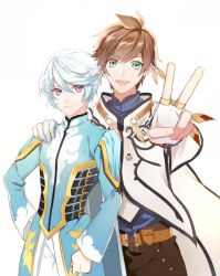 Rule 34 | 10s, 2boys, :d, bishounen, blue shirt, brown hair, brown pants, earrings, gloves, green eyes, hair between eyes, hand on another&#039;s shoulder, hand on own hip, jewelry, looking at viewer, male focus, mibu (1064493753), mikleo (tales), multiple boys, open mouth, pants, purple eyes, shirt, silver hair, simple background, smile, sorey (tales), standing, tales of (series), tales of zestiria, v, white background, white gloves, white pants