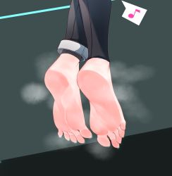 Rule 34 | 1girl, anklet, aqua nails, barefoot, black background, black pants, commentary, english commentary, feet, feet only, foot focus, grey background, hatsune miku, highres, jager, jewelry, musical note, nail polish, out of frame, pants, shadow, smell, soles, solo, speech bubble, steam, sweat, sweatdrop, toenail polish, toenails, toes, vocaloid