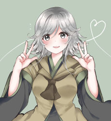 Rule 34 | 1girl, absurdres, ascot, black kimono, breasts, brown ascot, brown coat, coat, commentary request, genderswap, genderswap (otf), green background, grey eyes, grey hair, hands up, heart, heart of string, highres, houlen yabusame, japanese clothes, kimono, large breasts, layered sleeves, len&#039;en, long sleeves, looking at viewer, open mouth, ougi hina, short hair with long locks, short over long sleeves, short sleeves, simple background, smile, solo, upper body