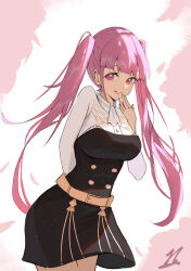 Rule 34 | 1girl, absurdres, ascot, belt, breasts, closed mouth, fire emblem, fire emblem: three houses, garreg mach monastery uniform, hand to own mouth, highres, hilda valentine goneril, jiaban1216, long hair, long sleeves, looking at viewer, medium breasts, nintendo, pink eyes, pink hair, smile, solo, twintails, white ascot
