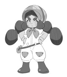 Rule 34 | 1girl, blush stickers, bonnet, boots, creatures (company), dede (qwea 00000), full body, game freak, gloves, greyscale, hands on own hips, hapu (pokemon), korean commentary, looking at viewer, monochrome, nintendo, pokemon, pokemon sm, simple background, solo, standing, thick eyebrows, twintails