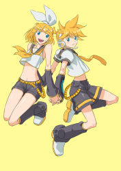 Rule 34 | 1boy, 1girl, bad id, bad pixiv id, bare shoulders, belt, blonde hair, blue eyes, brother and sister, crop top, crop top overhang, headset, hetero, holding hands, kagamine len, kagamine rin, midriff, navel, shiitake urimo, shiny skin, shorts, siblings, thigh gap, twins, vocaloid