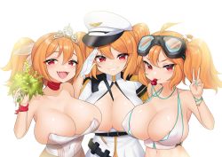 Rule 34 | 3girls, ahoge, areola slip, bad id, bad pixiv id, between breasts, bikini, breasts, cerberus (last origin), choker, cleavage, fangs, gloves, goggles, goggles on head, hair between eyes, hat, highres, huge breasts, kbn317, last origin, long hair, mole, mole under eye, multiple girls, multiple persona, open mouth, orange hair, peaked cap, red eyes, salute, simple background, smile, strap between breasts, swimsuit, tiara, two side up, v, whistle, white background, white gloves