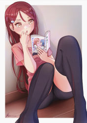Rule 34 | 1girl, :o, artist name, artist request, black legwear, black pants, blush, book, breasts, brown eyes, embarrassed, female focus, hair between eyes, hair ornament, hairclip, highres, holding, holding book, indoors, knees up, long hair, looking at viewer, love live!, love live! sunshine!!, manga (object), pants, parted lips, pink shirt, red hair, sakurauchi riko, shirt, short sleeves, sitting, small breasts, smile, solo, yellow eyes