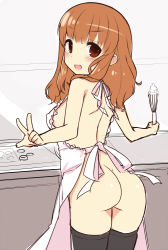 Rule 34 | 10s, 1girl, apron, ass, bad id, bad pixiv id, blush, bottomless, breasts, brown eyes, brown hair, from behind, girls und panzer, long hair, looking at viewer, looking back, naked apron, nekoume, open mouth, sideboob, smile, solo, takebe saori, v, whisk
