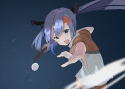 Rule 34 | 1girl, ball, blue eyes, blue hair, blurry, character check, commentary request, copyright check, depth of field, directional arrow hair ornament, hair ornament, holding, holding paddle, kamiya agari, long hair, open mouth, paddle, pikumin, round teeth, shakunetsu no takkyuu musume, solo, standing, table tennis ball, table tennis paddle, teeth, twintails, v-shaped eyebrows
