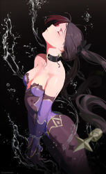 Rule 34 | 1girl, bare shoulders, black background, black choker, black hair, breasts, choker, darr1o, detached sleeves, elbow gloves, closed eyes, genshin impact, gloves, head back, highres, hydrokinesis, jewelry, leotard, long hair, mona (genshin impact), neck, necklace, no headwear, no headwear, pantyhose, parted lips, purple leotard, simple background, small breasts, solo, standing, strapless, strapless leotard, twintails, underwater, v arms, very long hair, water