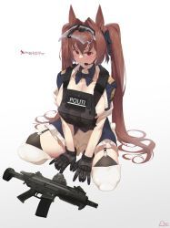 Rule 34 | 1girl, absurdres, animal ears, aronman, assault rifle, blue bow, blue bowtie, blush, bow, bowtie, breasts, brown hair, bulletproof vest, daiwa scarlet (umamusume), detached collar, earpiece, fang, fn scar, garter straps, gloves, gradient background, grey background, gun, hair intakes, highres, horse ears, horse girl, large breasts, long hair, looking at viewer, magazine (weapon), patch, red eyes, rifle, sideboob, signature, solo, tactical clothes, thighhighs, twintails, twitter username, umamusume, very long hair, visor, weapon, white background