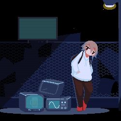 Rule 34 | !, 1girl, animated, animated gif, backpack, bag, black bag, brown hair, drawstring, expressionless, hair ornament, hairclip, hands in pockets, hood, hood down, hoodie, lamppost, long hair, looking at viewer, looping animation, lowres, night, original, oscilloscope, pixel art, red footwear, screen, short hair, solo, sotie, standing, television, v, white hoodie, wide shot