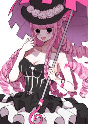 Rule 34 | 1girl, artist request, black dress, black eyes, black hat, blush, breasts, cleavage, devil fruit, dress, drill hair, eyes visible through hair, hat, highres, holding, holding umbrella, large breasts, long hair, looking at viewer, medium breasts, navel, one piece, perona, pink hair, skirt, smile, thighhighs, tongue, tongue out, umbrella, very long hair, white background