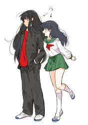 Rule 34 | 1boy, 1girl, alternate form, arrow (symbol), awarinko, black hair, black pants, character age, contemporary, gakuran, green skirt, hand in pocket, hand on another&#039;s arm, height difference, higurashi kagome, inuyasha, inuyasha (character), kneehighs, long hair, long sleeves, looking at another, messy hair, midriff peek, miniskirt, necktie, open mouth, pants, pleated skirt, profile, puffy long sleeves, puffy sleeves, red necktie, school uniform, serafuku, shoes, side-by-side, simple background, skirt, socks, standing, standing on one leg, uwabaki, white background, white footwear, white socks