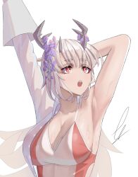 Rule 34 | 1girl, absurdres, arknights, armpits, flower, hair flower, hair ornament, highres, horns, matoimaru (arknights), non-web source, one-piece swimsuit, open mouth, red eyes, see-through, see-through shirt, see-through sleeves, stretching, swimsuit, wet, white hair