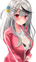 Rule 34 | 1girl, absurdres, bocchi the rock!, bra visible through clothes, breasts, cleavage, cosplay, cube hair ornament, gotoh hitori (cosplay), gotoh hitori, grey hair, hair ornament, highres, hololive, jacket, large breasts, long hair, looking at viewer, multicolored hair, pink jacket, pink track suit, sakamata chloe, shirt, solo, sportswear, streaked hair, track jacket, virtual youtuber, wet, wet clothes, wet shirt, x hair ornament