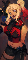 Rule 34 | 1girl, alternate costume, bare shoulders, black gloves, black shorts, blonde hair, blue eyes, breasts, dc comics, facial mark, fingerless gloves, gloves, gun, harley quinn, heart, highres, holding, holding gun, holding weapon, large breasts, lipstick, looking at viewer, makeup, morry, multicolored hair, navel, open mouth, parted bangs, ponytail, red hair, red lips, red nails, shorts, sidelocks, simple background, smile, solo, stomach, streaked hair, teeth, thighs, two-tone hair, upper teeth only, weapon