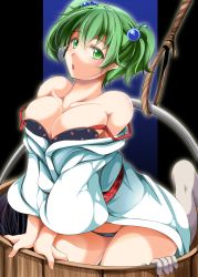 Rule 34 | 1girl, alternate breast size, arm support, bare shoulders, black bra, black panties, bra, breasts squeezed together, breasts, bucket, bursting breasts, female focus, food print, green eyes, green hair, hair bobbles, hair ornament, highres, japanese clothes, kimono, kisume, large breasts, looking at viewer, matching hair/eyes, aged up, panties, reiha (penetrate), rope, solo, strawberry print, touhou, twintails, underwear, when you see it, yukata
