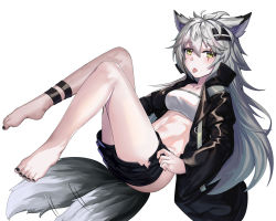 Rule 34 | 1girl, 463 jun, :p, animal ear fluff, animal ears, arknights, ass, bad id, bad pixiv id, bandeau, barefoot, black jacket, black nails, black shorts, clothes pull, collarbone, full body, green eyes, hair between eyes, hair ornament, hairclip, highres, jacket, lappland (arknights), legs, long hair, long sleeves, looking at viewer, nail polish, navel, scar, scar across eye, scar on face, short shorts, shorts, shorts pull, silver hair, simple background, solo, tail, tail wagging, toenail polish, toenails, tongue, tongue out, very long hair, white background, wolf ears, wolf girl, wolf tail