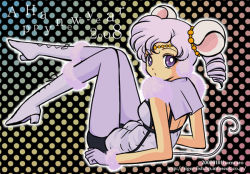 Rule 34 | 00s, 1990s (style), 1girl, 2008, animal ears, bishoujo senshi sailor moon, bishoujo senshi sailor moon sailor stars, bishoujo senshi sailor moon stars, blue eyes, boots, drill hair, full body, fur, gloves, hamutarou, happy new year, looking back, lying, mouse ears, new year, on back, pantyhose, polka dot, polka dot background, purple eyes, purple hair, purple pantyhose, retro artstyle, sailor iron mouse, short hair, solo, tail, watermark, web address, white gloves