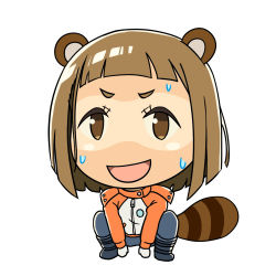 Rule 34 | 1girl, :d, animal ears, blunt bangs, boots, brown eyes, brown hair, chibi, coat, commentary request, denden, embarrassed, open mouth, pants, raccoon ears, raccoon tail, simple background, smile, solo, sora yori mo tooi basho, squatting, sweatdrop, tail, tamaki mari, tan, tanline, white background