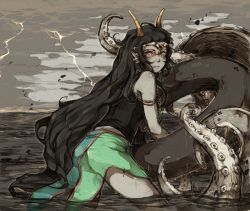 Rule 34 | 1girl, black hair, circlet, colored sclera, colored skin, feferi peixes, frown, gills, goggles, grey skin, homestuck, horns, jewelry, lightning, long hair, looking at viewer, mi-eau, monster, ocean, pink eyes, red eyes, shirt, skirt, solo, tentacles, xxmioxx, yellow sclera