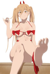 Rule 34 | 1girl, barefoot, blonde hair, breasts, chainsaw man, feet, functionally nude, horns, nude, power (chainsaw man), smile, soles, solo, toes, yellow eyes, zorzero
