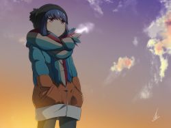 Rule 34 | 1girl, absurdres, beanie, blue hair, breath, hands in pockets, hat, highres, jacket, outdoors, pink eyes, scarf, shima rin, solo, twilight, yasu (pixiv), yurucamp