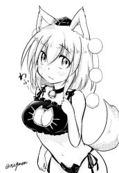 Rule 34 | 1girl, animal ears, bare shoulders, bell, blush, bra, breasts, cat cutout, cat ear panties, cat lingerie, choker, cleavage, cleavage cutout, clothing cutout, greyscale, hat, inubashiri momiji, jingle bell, large breasts, looking at viewer, meme attire, monochrome, navel, panties, side-tie panties, signature, solo, tail, taurine 8000mg, tokin hat, touhou, translation request, underwear, underwear only, wolf ears, wolf tail