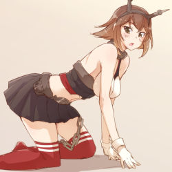 Rule 34 | 10s, 1girl, all fours, blush, breasts, brown eyes, brown hair, chain, e20, gloves, hairband, kadokawa games, kantai collection, large breasts, midriff, miniskirt, mutsu (kancolle), navel, no shoes, open mouth, red thighhighs, short hair, skirt, solo, thighhighs, white gloves
