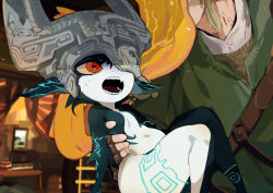 Rule 34 | 1boy, 1girl, barrel, belt, commentary request, earrings, green tunic, hand around waist, hand on another&#039;s face, highres, holding, idkuroi, indoors, jewelry, ladder, link, looking at another, midna, navel, nintendo, one eye covered, pointy ears, red eyes, sharp teeth, shortstack, sweat, table, teeth, the legend of zelda, the legend of zelda: twilight princess, thick thighs, thighs
