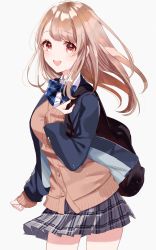 Rule 34 | 1girl, :d, backpack, bad id, bad pixiv id, bag, blazer, blue bow, blue jacket, blush, bow, brown cardigan, cardigan, collared shirt, commentary request, grey background, grey skirt, hand up, highres, jacket, light brown hair, long hair, long sleeves, looking at viewer, misumi (macaroni), open clothes, open jacket, open mouth, original, plaid, plaid bow, plaid skirt, pleated skirt, red eyes, shirt, simple background, skirt, sleeves past wrists, smile, solo, white shirt