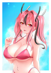Rule 34 | 1girl, :p, azur lane, bare shoulders, bikini, black hair, blue background, border, breasts, bremerton (azur lane), cleavage, collarbone, commentary request, ear piercing, eyebrows hidden by hair, fingernails, groin, hair between eyes, hair intakes, hair ornament, hand up, highleg, highleg bikini, highres, large breasts, long fingernails, long hair, looking at viewer, midriff, multicolored hair, nail polish, navel, navel piercing, piercing, pink bikini, pink eyes, pink hair, pink nails, sidelocks, smile, solo, streaked hair, swimsuit, toki to shishin, tongue, tongue out, twintails, two-tone hair, upper body, white border