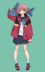 Rule 34 | 1girl, aqua background, black skirt, blue eyes, blue neckerchief, blue sailor collar, full body, grin, highres, holding, holding stuffed toy, holding toy, jacket, looking at viewer, neckerchief, original, pink hair, pleated skirt, red footwear, sailor collar, shark, shoes, short hair, simple background, skirt, smile, sneakers, socks, solo, standing, stuffed animal, stuffed shark, stuffed toy, tanuki koubou, toy, white socks
