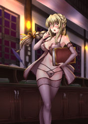 Rule 34 | 1girl, :d, adsouto, blonde hair, blurry, blurry background, blush, braid, braided ponytail, breasts, bridal gauntlets, cleavage, covered erect nipples, detached sleeves, feathers, floating hair, goblin slayer!, guild girl (goblin slayer!), hair between eyes, hair ribbon, highres, holding, indoors, light particles, lingerie, long hair, long sleeves, looking at viewer, medium breasts, multi-strapped panties, navel, negligee, open mouth, panties, pink panties, pink sleeves, pink thighhighs, ponytail, purple feathers, ribbon, smile, solo, standing, stomach, thighhighs, underwear, underwear only, very long hair, yellow eyes, yellow ribbon