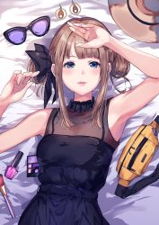 Rule 34 | 1girl, arm up, armpits, bag, bare arms, bare shoulders, bed sheet, black-framed eyewear, black bow, black dress, blue eyes, bow, breasts, brown hair, brown hat, commentary, double bun, dress, earrings, hair bow, hair bun, hand up, hat, highres, jewelry, long hair, looking at viewer, lying, on back, original, parted lips, sidelocks, sleeveless, sleeveless dress, small breasts, solo, sone (takahiro-osone), sunglasses, unworn eyewear, unworn hat, unworn headwear, upper body