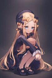Rule 34 | 1girl, abigail williams (fate), black bow, black dress, black hat, blonde hair, blue eyes, blush, bow, breasts, dress, fate/grand order, fate (series), forehead, hair bow, hat, highres, long hair, long sleeves, looking at viewer, miya (miyaruta), orange bow, parted bangs, ribbed dress, sleeves past fingers, sleeves past wrists, small breasts, smile, solo, squatting, stuffed animal, stuffed toy, teddy bear