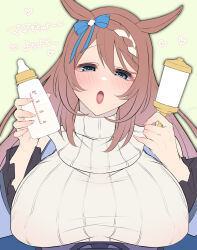 Rule 34 | 1girl, 1other, :o, animal ears, baby bottle, blue eyes, blush, bottle, bow, breasts, brown hair, chikage (blackclownery), commentary request, covered erect nipples, ear bow, ear ribbon, hair between eyes, heart, highres, holding, holding bottle, holding rattle, horse ears, horse girl, large breasts, long hair, long sleeves, looking at viewer, milk, milk bottle, open mouth, rattle, shirt, simple background, solo focus, striped clothes, striped shirt, super creek (umamusume), translation request, umamusume, upper body, vertical-striped clothes, vertical-striped shirt