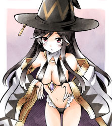Rule 34 | 1girl, bikini, black hair, breasts, brown eyes, character request, cleavage, detached sleeves, hat, highres, kirara fantasia, looking up, ma tsukasa, medium breasts, solo, string bikini, witch, witch hat